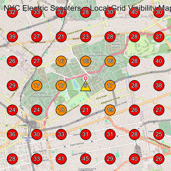 NYC Electric Scooters GeoGrid visibility map for Cell Phone Store in Brooklyn